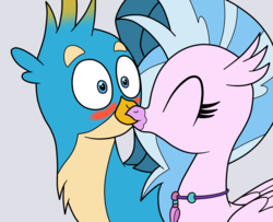 Size: 1861x1513 | Tagged: safe, artist:eagc7, gallus, silverstream, griffon, hippogriff, g4, beak, blushing, duo, female, kiss on the lips, kissing, male, ship:gallstream, shipping, shocked, simple background, spread wings, straight, surprise kiss, wingboner, wings