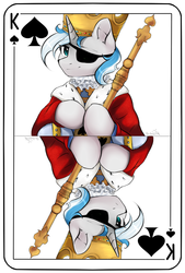 Size: 709x1048 | Tagged: safe, artist:pechenak, oc, oc only, oc:sekr gray, pony, unicorn, crown, eyepatch, jewelry, king of spades, looking at you, male, playing card, regal, regalia, scepter, solo, stallion