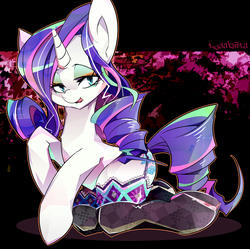 Size: 1200x1196 | Tagged: safe, artist:tyuubatu, rarity, pony, unicorn, g4, clothes, female, kneeling, lidded eyes, looking at you, mare, socks, solo, thigh highs, tongue out