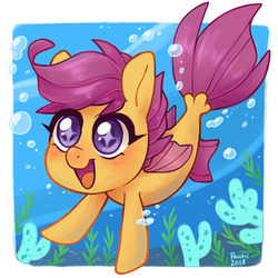 Size: 600x599 | Tagged: safe, artist:paichitaron, scootaloo, seapony (g4), g4, surf and/or turf, blushing, bubble, coral, cute, cutealoo, female, happy, open mouth, seaponified, seapony scootaloo, smiling, solo, species swap, starry eyes, that pony sure does love being a seapony, underwater, wingding eyes