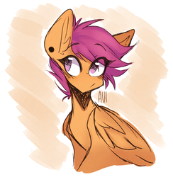 Size: 1280x1311 | Tagged: safe, artist:avimod, scootaloo, pegasus, pony, g4, cute, cutealoo, ear fluff, ear piercing, eye clipping through hair, female, mare, no nose, older, older scootaloo, piercing, solo