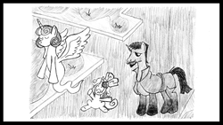 Size: 1280x720 | Tagged: safe, artist:uncleverhans, princess flurry heart, princess skyla, ghost, pony, unicorn, g4, crystal empire, dead, death, giving up the ghost, mephistopheles, monochrome