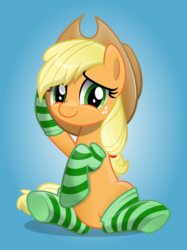 Size: 2119x2830 | Tagged: safe, artist:jhayarr23, applejack, earth pony, pony, clothes, commission, cute, female, gradient background, jackabetes, looking at you, mare, sitting, smiling, socks, solo, striped socks