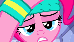 Size: 1280x720 | Tagged: safe, screencap, pinkie pie, earth pony, pony, a friend in deed, g4, close-up, female, lidded eyes, looking at you, mare, solo, sweatband