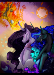 Size: 2000x2770 | Tagged: safe, artist:mew-vocaloid, daybreaker, nightmare moon, nightmare rarity, g4, abstract, bust, cutie mark background, ethereal mane, evil grin, glowing eyes, grin, high res, mane of fire, oekaki, portrait, smiling