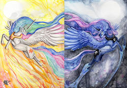 Size: 2932x2045 | Tagged: safe, artist:lord-furfur, princess celestia, princess luna, pony, g4, day, duo, duo female, female, flying, glowing eyes, high res, moon, night, royal sisters, spread wings, sun, traditional art, watercolor painting, wings