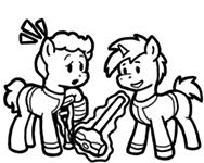 Size: 188x150 | Tagged: safe, artist:crazyperson, pony, unicorn, fallout equestria, fallout equestria: commonwealth, black and white, clothes, crutches, duo, fanfic art, generic pony, grayscale, hammer, jumpsuit, magic, magic aura, monochrome, picture for breezies, simple background, sledgehammer, telekinesis, transparent background, vault suit