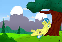 Size: 2200x1500 | Tagged: safe, artist:takutanuvataio, oc, oc only, oc:arty quill, pegasus, pony, cloud, female, grass, mountain, nap, sky, solo, tree