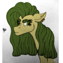 Size: 2500x2500 | Tagged: safe, artist:thr3eguess3s, oc, oc only, oc:apple core, pony, bust, ear piercing, eyebrows, female, floppy ears, heart, high res, mare, mixed media, offspring, parent:big macintosh, parent:limestone pie, parents:limemac, piercing, scowl, solo