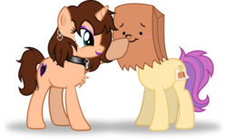 Size: 4851x3000 | Tagged: safe, artist:cyberapple456, oc, oc:chloe adore, oc:paper bag, earth pony, pony, unicorn, blushing, boop, choker, collar, cute, ear piercing, earring, eyeshadow, fake cutie mark, female, jewelry, lipstick, makeup, mare, ocbetes, paper bag, piercing, purple eyeshadow, purple lipstick, scrunchy face, simple background, smiling, transparent background, wavy mouth