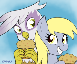 Size: 1000x833 | Tagged: safe, artist:empyu, derpy hooves, gilda, griffon, pegasus, pony, g4, abstract background, bust, duo, duo female, ear fluff, female, food, hoof hold, looking at each other, mare, muffin, signature, smiling