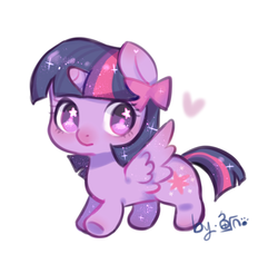 Size: 1748x1594 | Tagged: safe, artist:鱼爪, twilight sparkle, alicorn, pony, g4, bow, chibi, female, hair bow, heart, mare, simple background, solo, starry eyes, twilight sparkle (alicorn), white background, wingding eyes