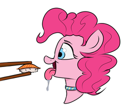 Size: 1024x862 | Tagged: safe, artist:ponetistic, pinkie pie, earth pony, pony, g4, choker, chopsticks, drool, drool string, food, ponies eating meat, ponies eating seafood, simple background, sushi, tongue out, white background