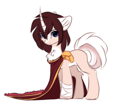Size: 790x693 | Tagged: safe, artist:php146, oc, oc only, oc:masashi, pony, unicorn, bandage, bandaged leg, beige coat, blaze (coat marking), chest fluff, cloak, clothes, coat markings, colored ears, curved horn, facial markings, full body, horn, looking at you, male, pale belly, pauldron, race swap, simple background, solo, spaulder, stallion, standing, white background