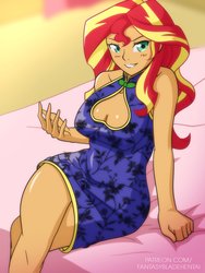 Size: 2160x2880 | Tagged: safe, alternate version, artist:fantasyblade, sunset shimmer, human, equestria girls, g4, bed, blushing, boob window, breasts, cheongsam, cleavage, clothes, female, high res, looking at you, sitting, smiling, solo