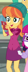 Size: 341x861 | Tagged: safe, screencap, guy grove, little red, orange sunrise, equestria girls, equestria girls series, g4, street magic with trixie, spoiler:eqg series (season 2), background human, beanie, cellphone, clothes, cropped, female, hat, legs, miniskirt, phone, skirt, smartphone, smiling