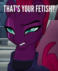 Size: 651x797 | Tagged: safe, edit, edited screencap, screencap, tempest shadow, pony, unicorn, my little pony: the movie, broken horn, caption, eye scar, female, horn, image macro, impact font, mare, meme, scar, solo, subverted meme, text, that is my fetish