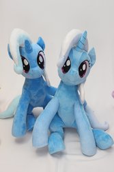 Size: 2730x4096 | Tagged: safe, artist:nekokevin, trixie, pony, unicorn, g4, duo, female, irl, looking at you, mare, photo, plushie, self ponidox, sitting, smiling