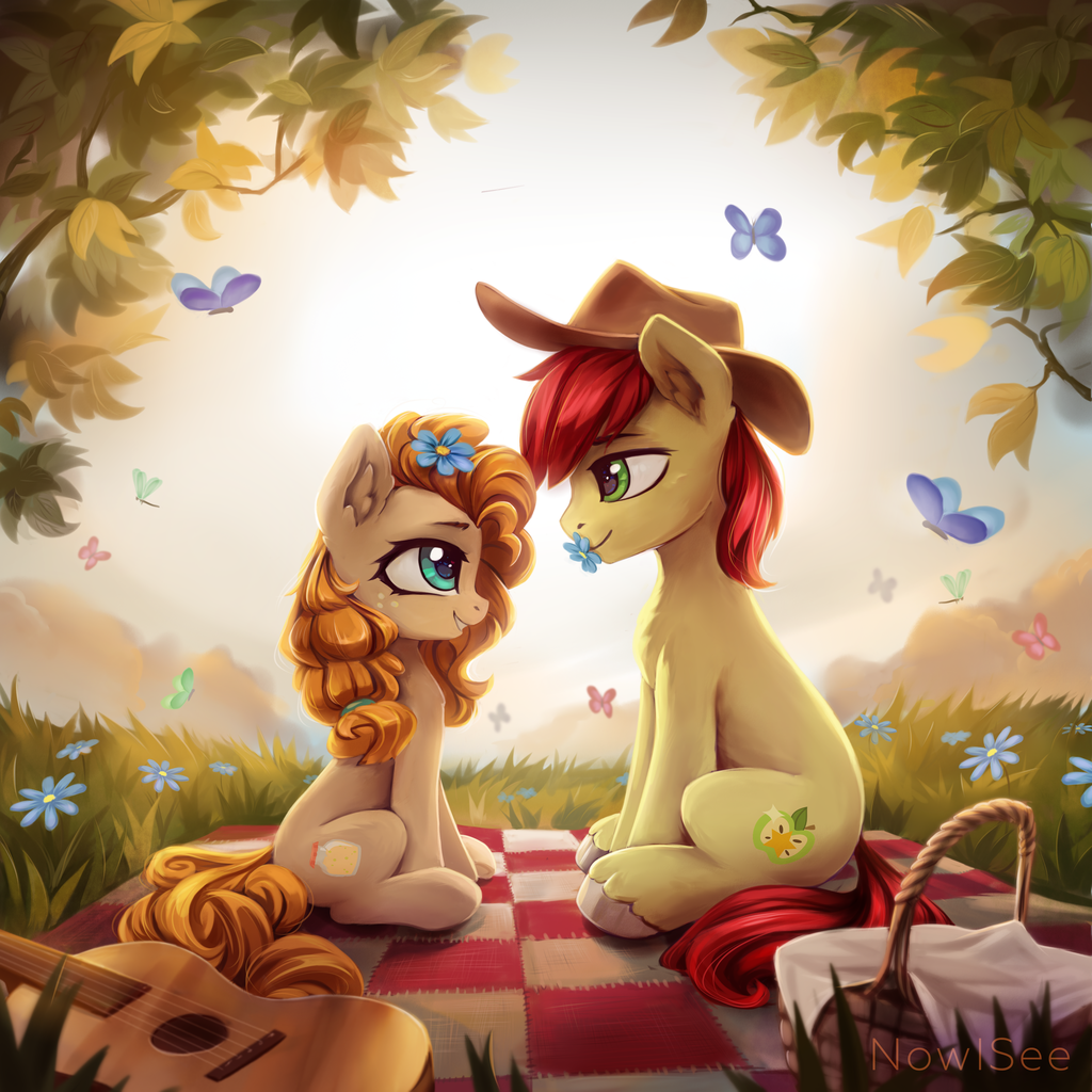safe, artist:inowiseei, bright mac, pear butter, butterfly, earth pony, pon...