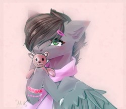 Size: 3248x2823 | Tagged: safe, artist:milk, oc, oc only, oc:dante fly, hybrid, pony, undead, vampire, abstract background, bust, clothes, cute, ear fluff, hairpin, half bat pony, high res, leg hold, male, ocbetes, plushie, scarf, signature, solo, stallion, wing claws, wings, wristband