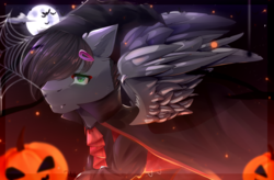 Size: 4977x3269 | Tagged: safe, artist:milk, oc, oc only, oc:dante fly, bat, hybrid, pony, undead, vampire, ear fluff, fangs, full moon, hairpin, half bat pony, halloween, hat, holiday, male, moon, night, night sky, pumpkin, sky, solo, spider web, spread wings, stallion, wing claws, wings, witch hat
