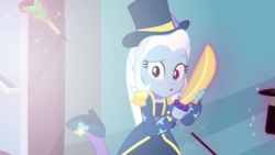 Size: 1280x720 | Tagged: safe, screencap, trixie, equestria girls, g4, my little pony equestria girls: better together, street magic with trixie, sword, weapon