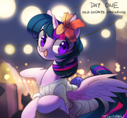 Size: 1240x1161 | Tagged: safe, artist:tingsan, twilight sparkle, alicorn, pony, g4, clothes, female, flower, flower in hair, lights, mare, night, open mouth, signature, solo, twilight sparkle (alicorn)