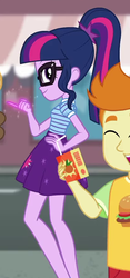 Size: 415x888 | Tagged: safe, screencap, gallop j. fry, sci-twi, twilight sparkle, equestria girls, g4, my little pony equestria girls: better together, street magic with trixie, cropped, hand on hip, juice, juice box, looking at you, orange juice, pose, smug, smuglight sparkle