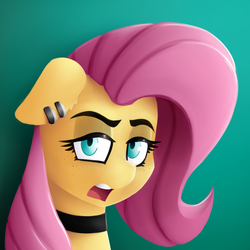 Size: 2160x2160 | Tagged: safe, artist:anon_1515, fluttershy, pegasus, pony, g4, choker, eyebrows, eyeroll, eyeshadow, floppy ears, fluttergoth, freckles, goth, high res, lineless, makeup, open mouth, piercing, simple background, unamused