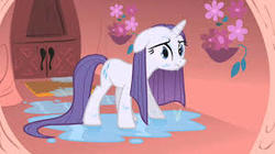 Size: 300x168 | Tagged: safe, screencap, rarity, pony, g4, look before you sleep, female, golden oaks library, mare, solo, unhappy, water, wet, wet mane, wet mane rarity