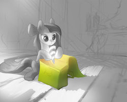 Size: 1000x802 | Tagged: safe, artist:tomatocoup, oc, oc only, earth pony, pony, bow, box, female, hair bow, mare, sitting, solo