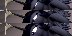 Size: 2992x1512 | Tagged: safe, artist:dark-molestia, part of a set, princess celestia, anthro, plantigrade anthro, princess molestia, g4, 3d, color change, dark, dark princess molestia, dark room, dark skin, darkened coat, darkened hair, female, jewelry, lying on the ground, messy, part of a series, solo, source filmmaker, spread wings, tiara, waking up