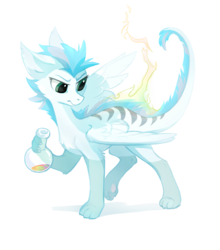 Size: 813x922 | Tagged: safe, artist:tomatocoup, oc, oc only, oc:patch, dracony, dragon, feathered dragon, hybrid, original species, pony, female, flask, fluffy, paws, simple background, solo, spread wings, standing, transparent background, wings