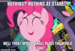 Size: 540x369 | Tagged: safe, edit, edited screencap, screencap, pinkie pie, earth pony, pony, g4, secrets and pies, animated, caption, crazy face, faic, female, gif, image macro, insanity, laughing, meme, solo, text