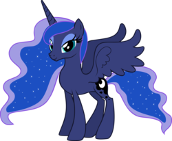 Size: 6169x5073 | Tagged: safe, artist:andoanimalia, princess luna, alicorn, pony, g4, absurd resolution, concave belly, ethereal mane, female, mare, missing accessory, simple background, slender, smiling, solo, spread wings, starry mane, thin, transparent background, vector, wings