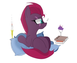 Size: 1016x824 | Tagged: safe, artist:groomlake, fizzlepop berrytwist, tempest shadow, pony, unicorn, g4, book, candle, colored, eye scar, female, lying down, mare, pillow, scar, simple background, smiling, solo, white background