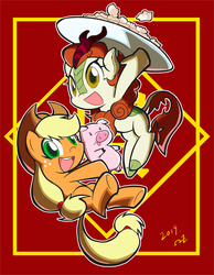 Size: 938x1210 | Tagged: safe, artist:rvceric, applejack, autumn blaze, earth pony, kirin, pig, pony, g4, sounds of silence, applejack's hat, awwtumn blaze, chinese new year, clothes, cowboy hat, cute, dumplings, female, food, freckles, hat, jackabetes, looking at you, mare, open mouth, year of the pig
