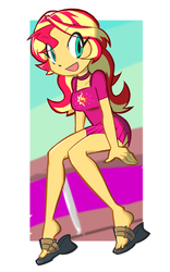 Size: 1050x1680 | Tagged: safe, artist:rvceric, sunset shimmer, equestria girls, equestria girls series, g4, spring breakdown, spoiler:eqg series (season 2), ankles, clothes, cute, female, open mouth, sandals, shimmerbetes, shoe dangling, sitting, smiling, solo