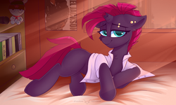 Size: 2953x1772 | Tagged: safe, artist:php97, tempest shadow, pony, unicorn, g4, my little pony: the movie, bed, bedroom, broken horn, clothes, ear piercing, earring, eye scar, eyebrow piercing, female, horn, jewelry, looking at you, lying down, mare, michael jackson, morning ponies, piercing, scar, shirt, smiling, solo