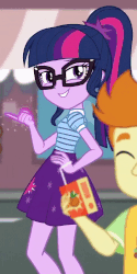 Size: 512x1022 | Tagged: safe, screencap, sci-twi, twilight sparkle, equestria girls, g4, my little pony equestria girls: better together, street magic with trixie, animated, background human, context is for the weak, cropped, eyes closed, female, gif, glasses, grin, juice, juice box, lidded eyes, loop, magic, out of context, ponytail, smiling, smirk, smug, smuglight sparkle, solo focus