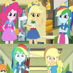 Size: 750x750 | Tagged: safe, screencap, applejack, curly winds, pinkie pie, rainbow dash, scribble dee, some blue guy, a queen of clubs, equestria girls, g4, my little pony equestria girls, my little pony equestria girls: better together, background human, comparison, geode of super speed, growth spurt, magical geodes