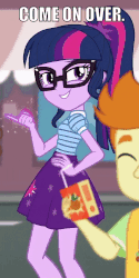 Size: 512x1022 | Tagged: safe, edit, edited screencap, screencap, sci-twi, twilight sparkle, equestria girls, equestria girls series, g4, street magic with trixie, spoiler:eqg series (season 2), animated, background human, caption, cropped, eyes closed, female, gif, gif with captions, glasses, grin, image macro, impact font, juice, juice box, lidded eyes, loop, magic, meme, ponytail, smiling, smirk, smug, smuglight sparkle, solo focus, text