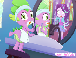 Size: 4890x3740 | Tagged: safe, artist:gaminggoru, spike, starlight glimmer, dragon, equestria girls, g4, the crystalling, bathroom, blushing, boots, butt, clothes, cute, equestria girls interpretation, female, looking back, male, mirror, scene interpretation, ship:sparlight, shipping, shoes, skirt, straight, toothbrush, we don't normally wear clothes
