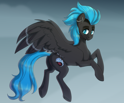 Size: 3000x2500 | Tagged: safe, artist:tigra0118, oc, oc only, pegasus, pony, art trade, blue mane, female, flying, high res, looking at you, mare, sky, smiling, solo, spread wings, wings