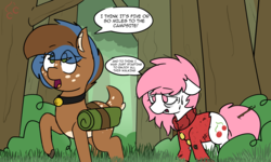 Size: 5000x3000 | Tagged: safe, artist:cherryceriseart, oc, oc only, oc:cherry cerise, oc:goodly, deer, earth pony, pony, camping, duo, female, forest, hiking, mare, rule 63, tired