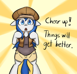 Size: 1353x1304 | Tagged: safe, artist:spheedc, oc, oc only, oc:light chaser, earth pony, semi-anthro, abstract background, arm hooves, bipedal, blue eyes, blue hair, clothes, digital art, female, hat, mare, motivational, solo, speech, sunburst background