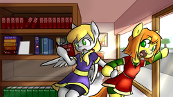 Size: 2732x1536 | Tagged: safe, artist:spheedc, oc, oc only, oc:scarlet sky, oc:sweet corn, earth pony, pegasus, semi-anthro, arm hooves, bipedal, book, bookshelf, bookstore, clothes, crepuscular rays, digital art, female, glass, holding hooves, inception, mare, reading, smiling, window