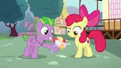 Size: 1080x605 | Tagged: safe, edit, apple bloom, spike, earth pony, pegasus, pony, g4, blushing, colt, female, filly, flower, male, ponified, ponified spike, ponyville, ponyville town hall, ship:spikebloom, shipping, species swap, straight