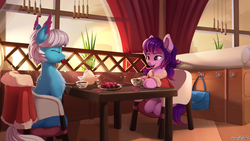 Size: 1920x1080 | Tagged: safe, artist:discordthege, oc, oc only, oc:angela de medici, oc:share dast, pony, cafe, chest fluff, clothes, commission, cup, curtains, duo, ear feathers, female, flower, food, happy, mare, plants, purse, rose, table, teacup, winter coat