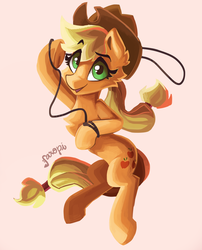 Size: 2201x2724 | Tagged: safe, artist:saxopi, applejack, earth pony, pony, g4, applejack's hat, clothes, cowboy hat, female, hat, high res, looking at you, mare, open mouth, rope, simple background, solo, white background